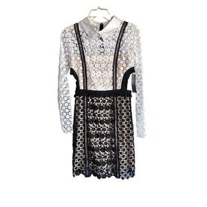 Black and white crochet lace long sleeve cutout collar mini dress, NWT, sz 2